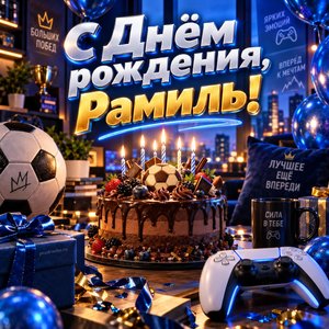 Открытка «С Днём рождения, Рамиль!» Рамилю с мячом и шарами
