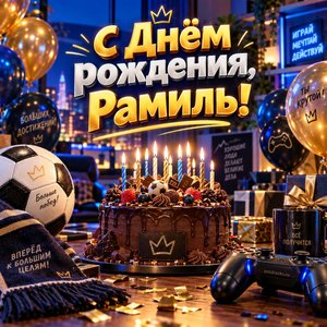 Открытка «С Днём рождения, Рамиль!» Рамилю с тортом и мячом