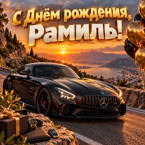 Открытка «С Днём рождения, Рамиль!» Рамилю со спортивным автомобилем