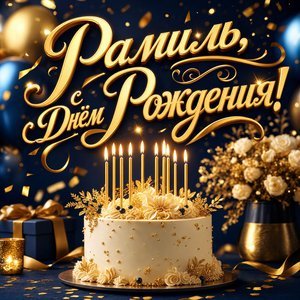 Открытка с Днем Рождения Рамилю с праздничным тортом и свечами