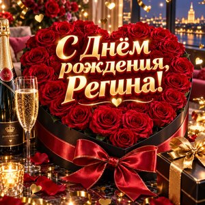 Открытка «С Днём рождения, Регина!» Регине с коробкой роз