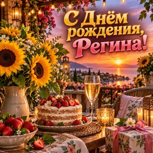 Открытка «С Днём рождения, Регина!» Регине с подсолнухами на террасе