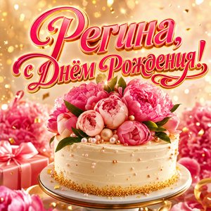 Открытка с Днем Рождения Регине с тортом и пионами