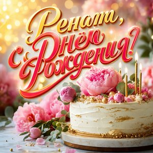 Открытка с Днем Рождения Ренате с тортом и пионами
