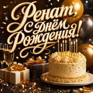 Открытка с Днем Рождения Ренату с праздничным тортом и свечами