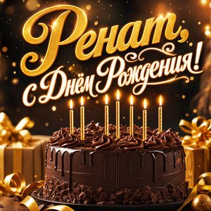 Открытка с Днем Рождения Ренату с шоколадным тортом и свечами