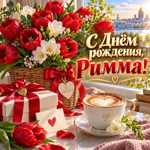 Открытка «С Днём рождения, Римма!» Римме с тюльпанами и капучино