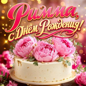 Открытка с Днем Рождения Римме с тортом и пионами