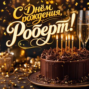 Открытка с Днем Рождения Роберту с праздничным тортом и свечами