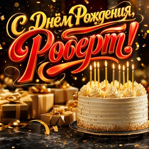 Открытка с Днем Рождения Роберту с праздничным тортом и свечами