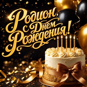 Открытка с Днем Рождения Родиону с тортом и шарами