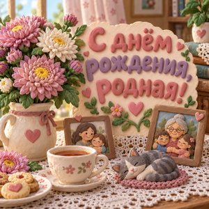 Открытка «С днём рождения, родная!» с хризантемами и фото