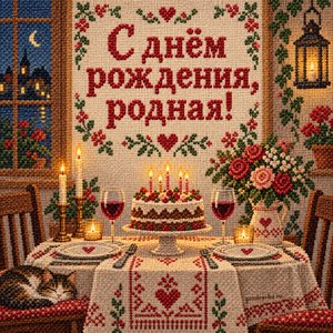 Открытка «С днём рождения, родная!» с ужином при свечах