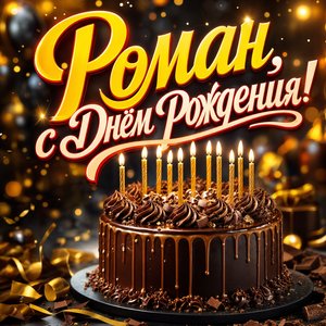 Открытка с Днем Рождения Роману, Роме с шоколадным тортом и свечами