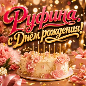 Открытка с Днем Рождения Руфине с праздничным тортом и свечами