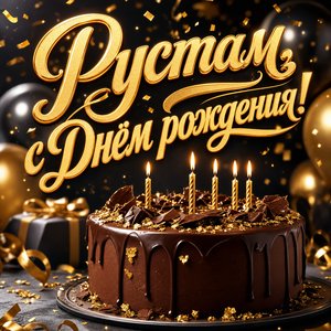 Открытка с Днем Рождения Рустаму с шоколадным тортом и свечами