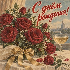 Открытка «С днём рождения!» с бордовыми розами