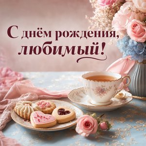 Открытка с днем рождения с чаем и печеньем на столе