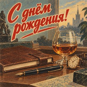 Открытка «С днём рождения!» с часами и коньяком