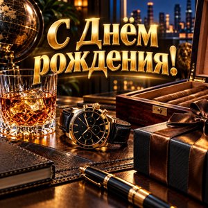 Открытка «С Днём рождения!» с часами и виски