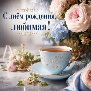 Открытка с днём рождения с чашкой и цветами