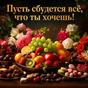 Открытка с днем рождения с фруктами и сладостями
