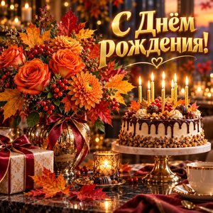 Открытка «С Днём рождения!» с осенним букетом и тортом