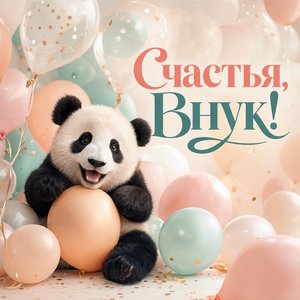 Открытка с Днем Рождения с пандой и шариками