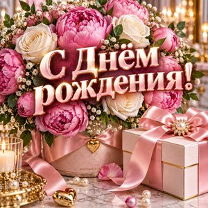 Открытка «С Днём рождения!» с пионами и жемчугом