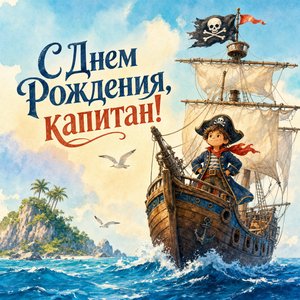 Открытка с днем рождения с пиратским кораблем