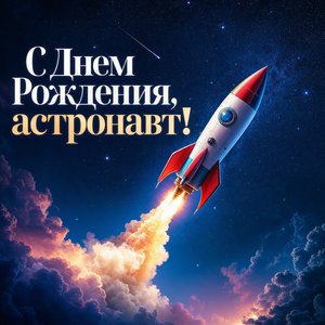 Открытка с днем рождения с ракетой в космосе