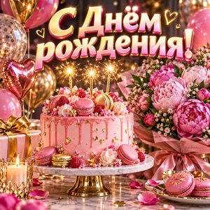 Открытка «С Днём рождения!» с розовым тортом и пионами