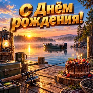 Открытка «С Днём рождения!» с рыбалкой на рассвете