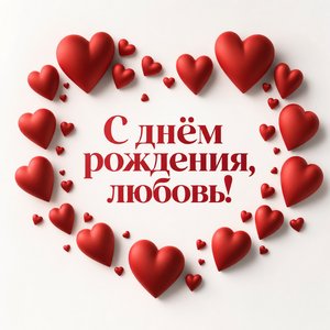Открытка с днем рождения с сердцами на белом фоне