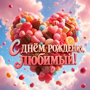 Открытка с днем рождения с сердцем из конфет на фоне облаков