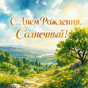 Открытка с Днем Рождения с солнечным пейзажем