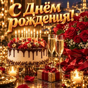 Открытка «С Днём рождения!» с тортом и шампанским