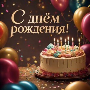 Открытка с днём рождения с тортом и шарами