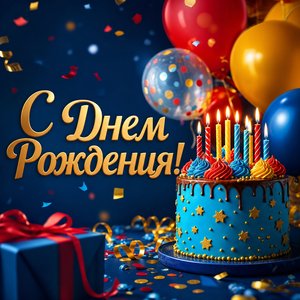 Открытка с днем рождения с тортом и шариками