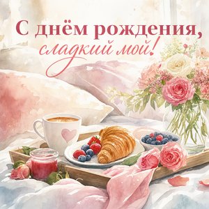 Открытка с днем рождения с завтраком в постели и цветами