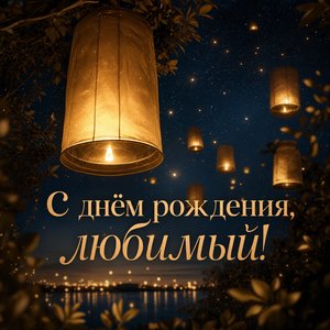 Открытка с днем рождения с золотыми фонарями в ночном небе