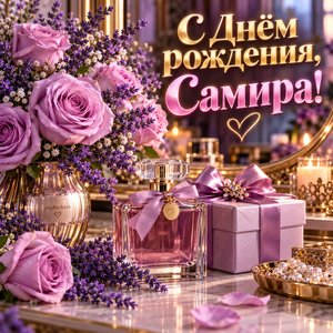 Открытка «С Днём рождения, Самира!» Самире с сиреневыми розами Открытка «С Днём рождения, Самира!» Самире с сиреневыми розами