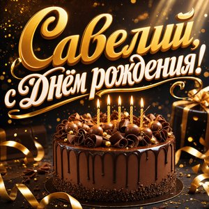 Открытка с Днем Рождения Савелию с шоколадным тортом и свечами