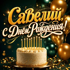 Открытка с Днем Рождения Савелию с тортом и воздушными шарами