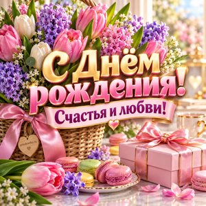 Открытка «С Днём рождения! Счастья и любви!» с тюльпанами в корзине