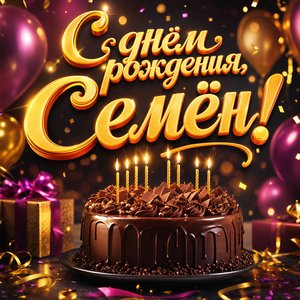 Открытка с Днем Рождения Семён с шоколадным тортом и свечами