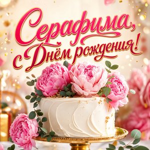 Открытка с Днем Рождения Серафиме с тортом и пионами