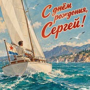 Открытка «С днём рождения, Сергей!» Сергею с яхтой