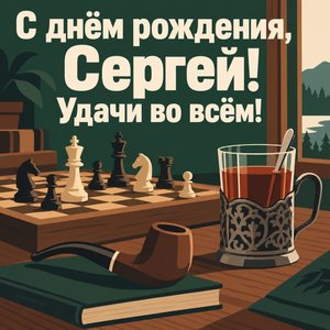 Открытка «С днём рождения, Сергей! Удачи во всём!» Сергею с шахматами и подстаканником