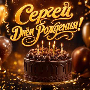 Открытка с Днем Рождения Сергею с шоколадным тортом и свечами